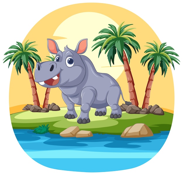 Бесплатное векторное изображение Счастливый бегемот на тропическом острове