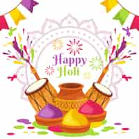 Free vector happy holi festival with drums and gulal