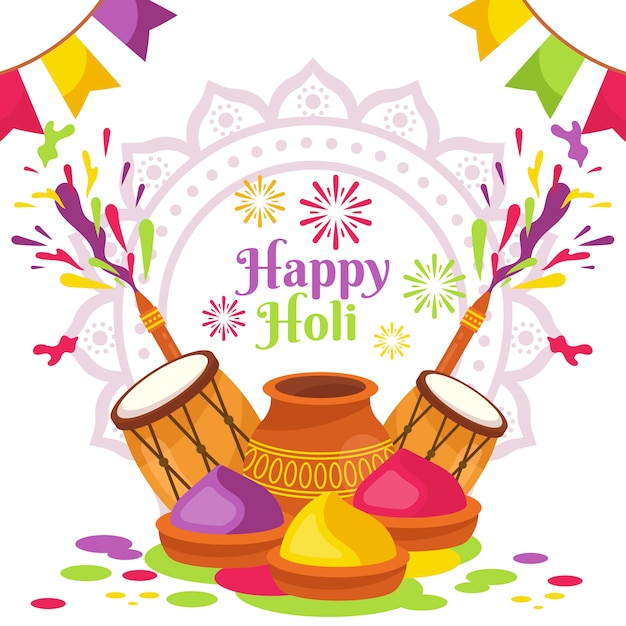 Happy holi festival with drums and gulal