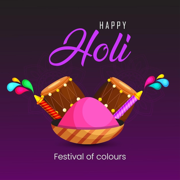 Happy Holi Greetings Dark Purple Brown Colourful Indian Hinduism Festival Social Media Background