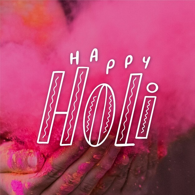 Happy holi lettering with hands holding powder paint