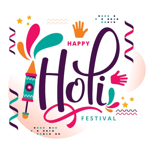 Happy holi lettering with memphis elements