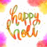 Free vector happy holi lettering with sparkles and watercolour frames