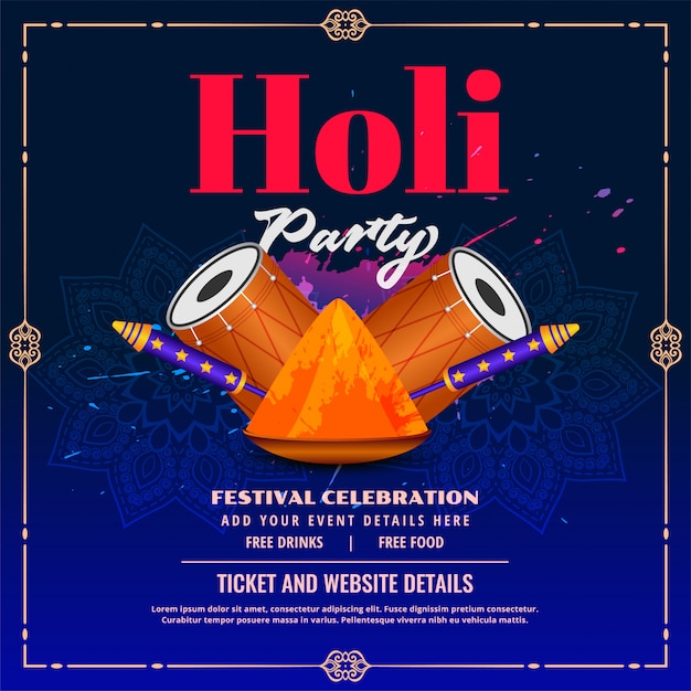 Free vector happy holi party flyer with pichkari and dhol