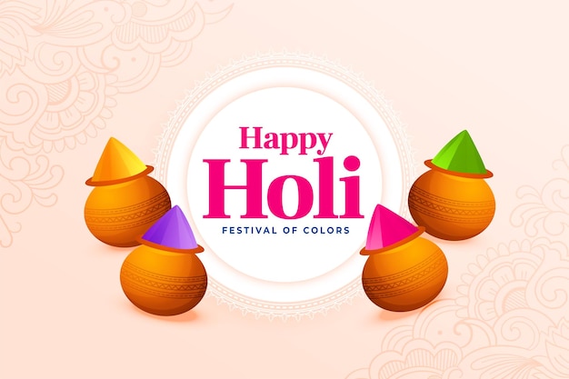 Free vector happy holi traditional greeting with colorful gulal pots