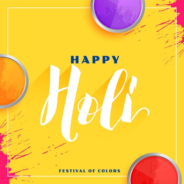 Happy holi wishes card with plates of gulal colors