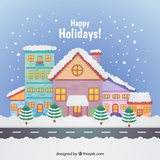 Happy holiday background with snowy houses