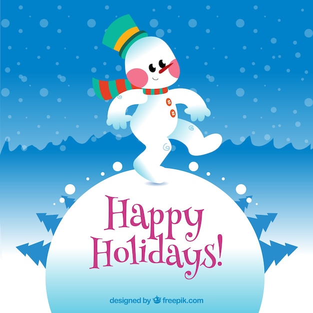 Vettore gratuito happy holidays card con un pupazzo di neve divertente