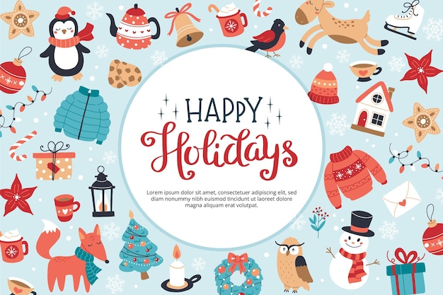 Happy holidays greeting card or banner with lettering and cute seasonal elements in circular shape