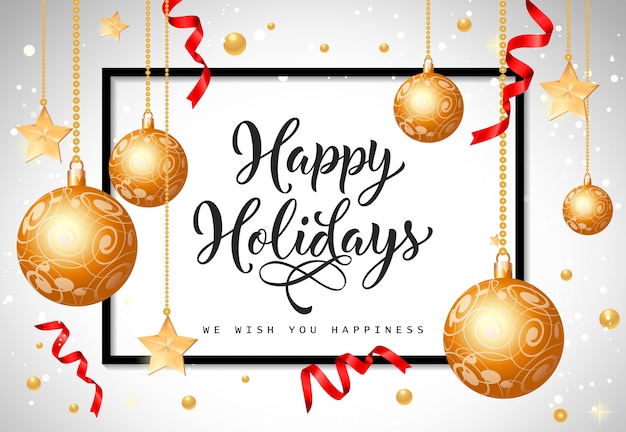 Free vector happy holidays lettering with baubles