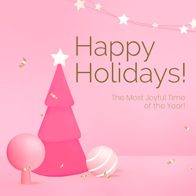 Счастливых праздников шаблон социальных сетей, розовая елка вектор