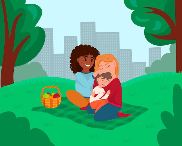 一緒​に​屋外​で​ピクニック​を​している​幸せな​同性愛者​の​家族​レズビアン​の​母親​と​抱擁​の​赤ちゃん