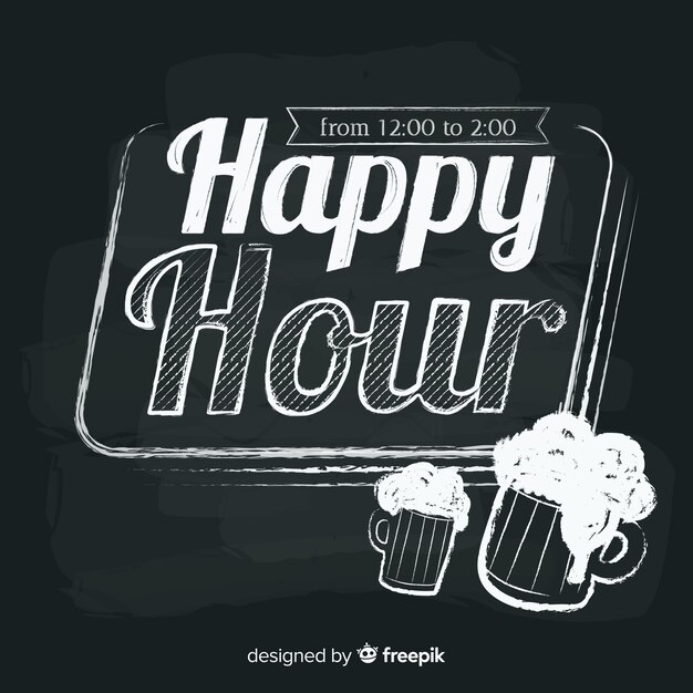 happy hour lettering on chalkboard