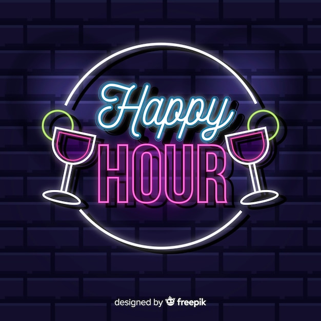 Vettore gratuito insegna al neon dell'happy hour con i cocktail