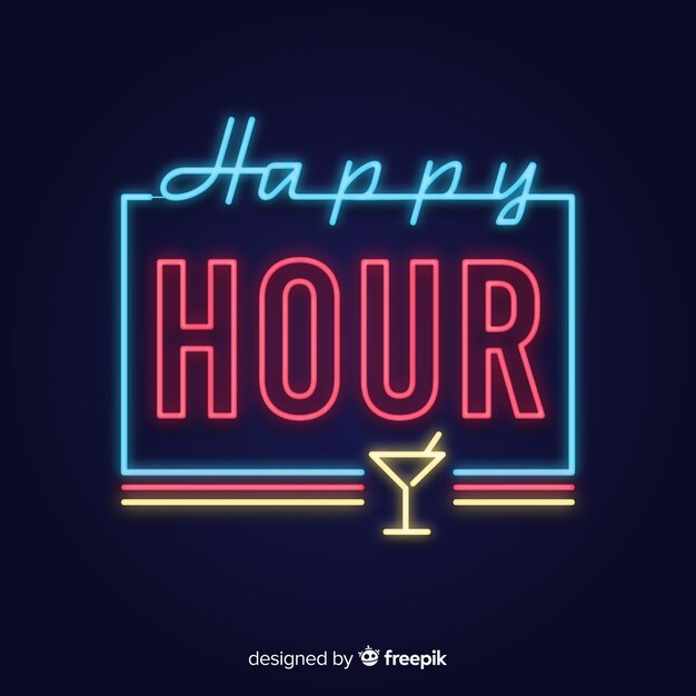 Happy hour neon sign with glass cup