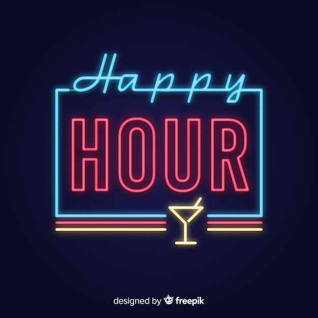Happy hour neon sign with glass cup