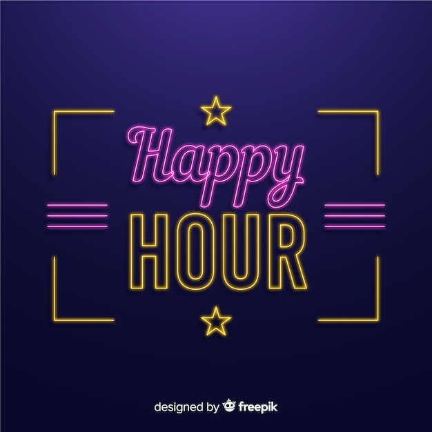 Vettore gratuito insegna al neon dell'happy hour con le stelle