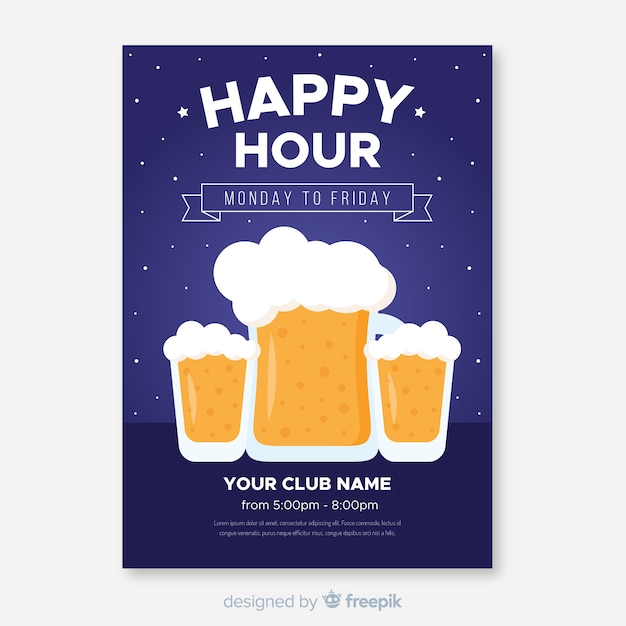 Free vector happy hour poster with beer mugs