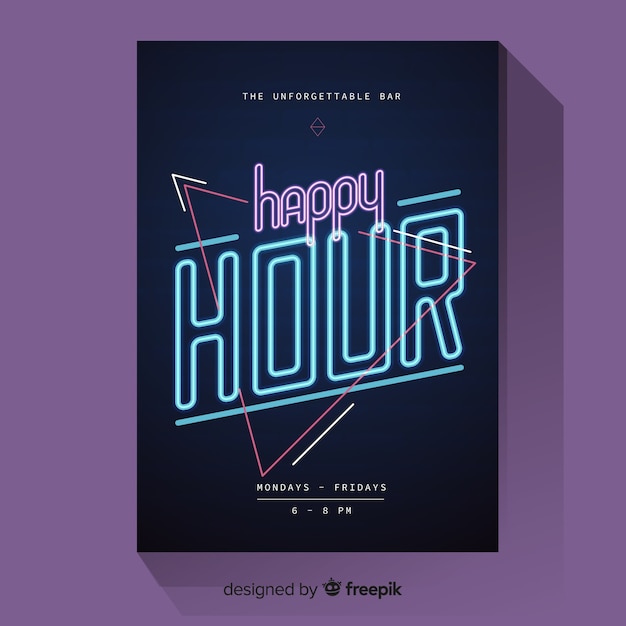 Free vector happy hour poster with neon light