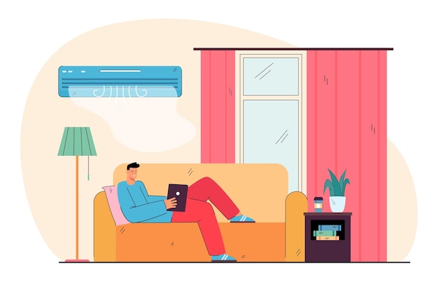 Free vector happy house owner lying on couch, relaxing at home, enjoying leisure under cold air from conditioner