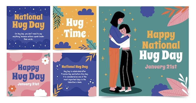 Happy hug day ig post templates set in hand drawn style