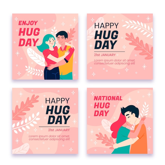 Free vector happy hug day ig post templates set in hand drawn style