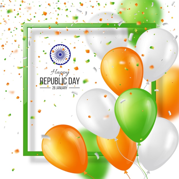 Felice giorno della repubblica indiana celebrazione poster o banner sfondo, carta. palloncini a tre colori con coriandoli. illustrazione vettoriale.