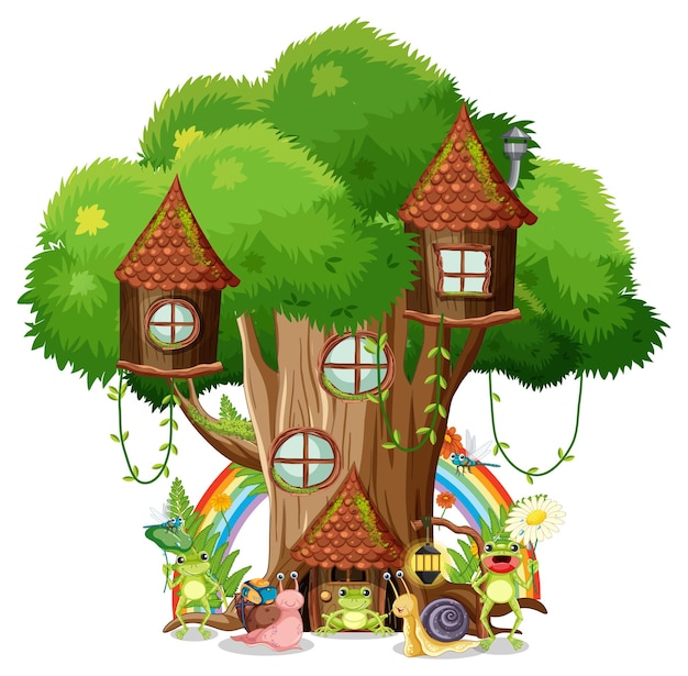 Бесплатное векторное изображение Счастливый мультфильм о насекомых в сказочном домике на дереве