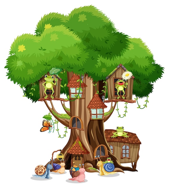 Free vector happy insect cartoon at fairy tree house