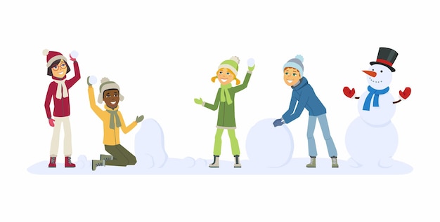 Счастливые международные дети играют на открытом воздухе - иллюстрации персонажей мультфильмов. улыбающиеся мальчики и девочки бросают снежки и лепят снеговика. концепция зимних мероприятий, новый год, рождество