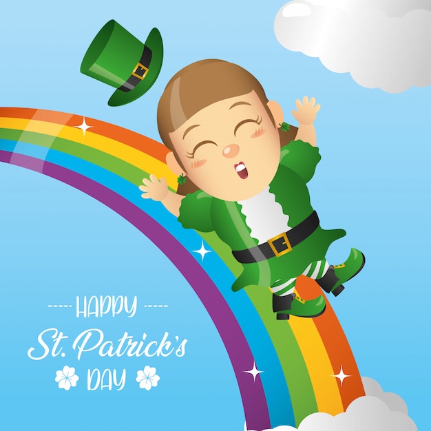 Счастливый ирландский Лепрекон скользит по радуге, поздравительная открытка на день Св. Патрика