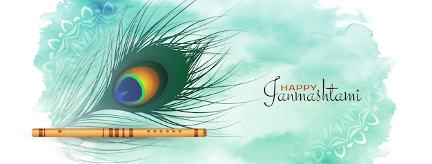 Vettore gratuito felice striscione del festival janmashtami con disegno di piume di pavone vettore