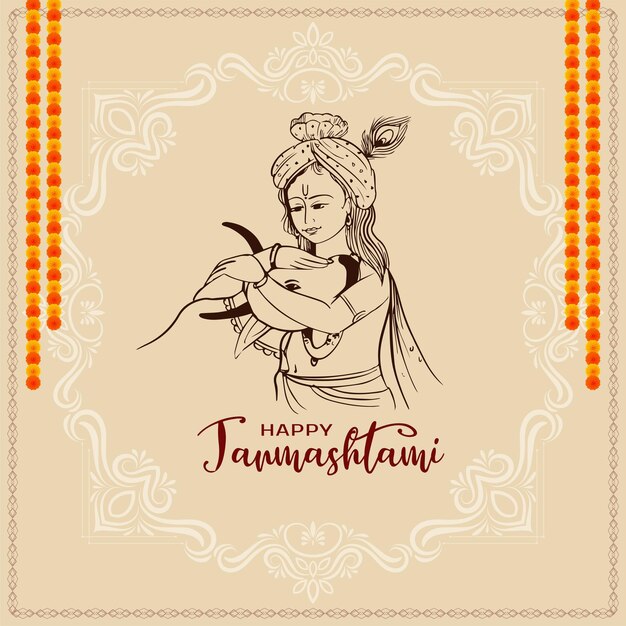 크리슈나 라인 아트 디자인 벡터가 포함된 해피 잔마슈타미 축제 카드