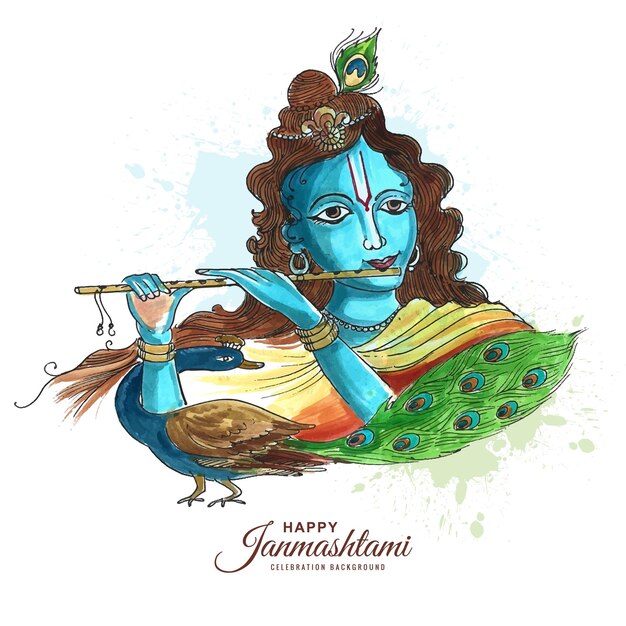 インドの主クリシュナ美しいカードの背景の幸せなjanmashtamiフェスティバル