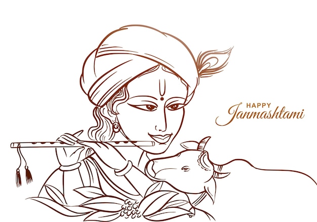 Free vector happy janmashtami greetings with lord krishna sketch card design