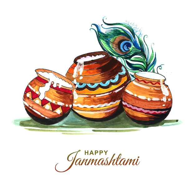 Vettore gratuito felice design del festival indiano janmashtami con matki e makhan