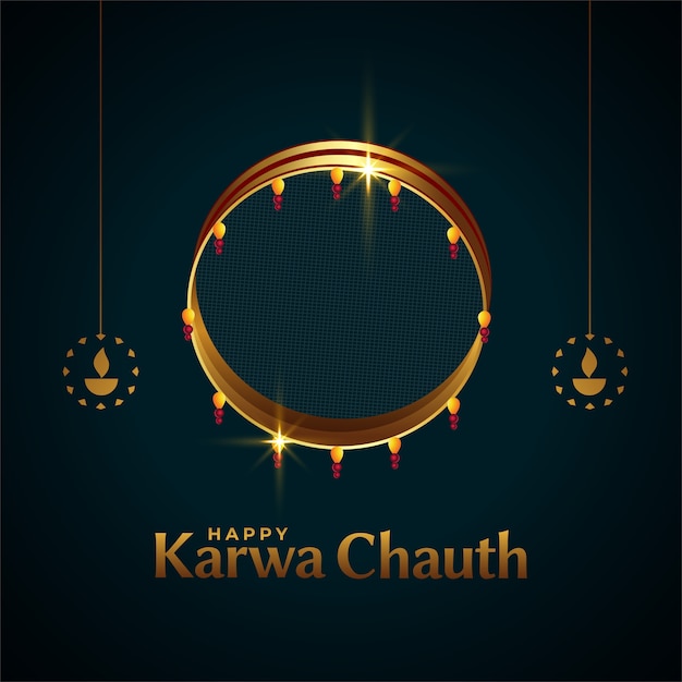 Felice karwa chauth card con setaccio e diya