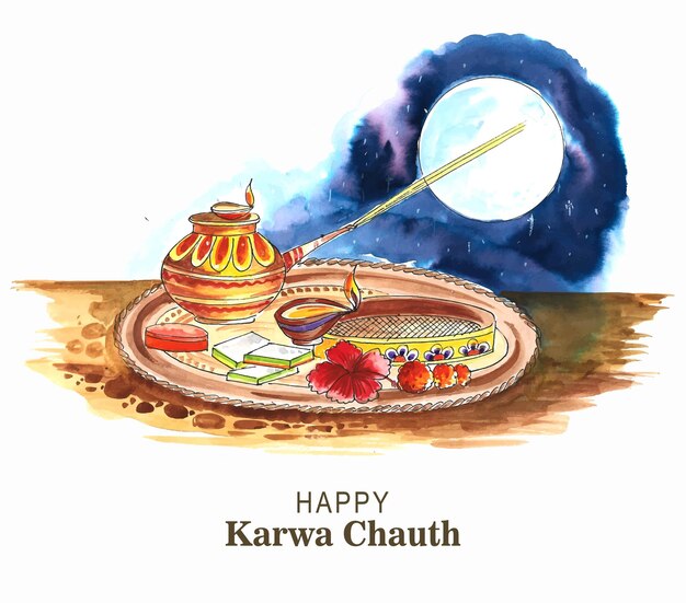 Disegno dell'acquerello della carta di celebrazione felice di karwa chauth