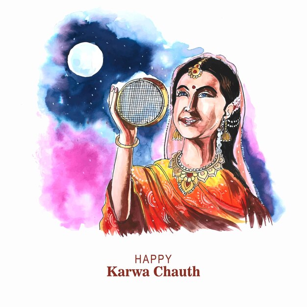 해피 karwa chauth 축하 카드 수채화 디자인