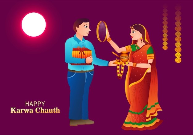 Free vector happy karwa chauth festival card with indian copule celebration card background