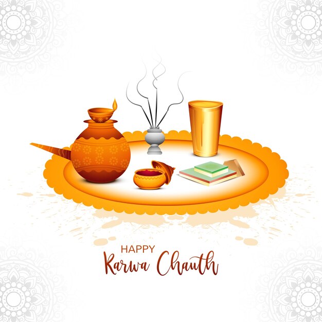 Happy karwa chauth with decorated puja thali of greeting card background