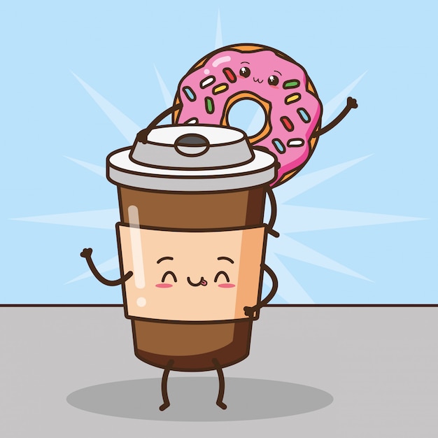 Free vector happy kawaii coffee and donuts, food design, illustration