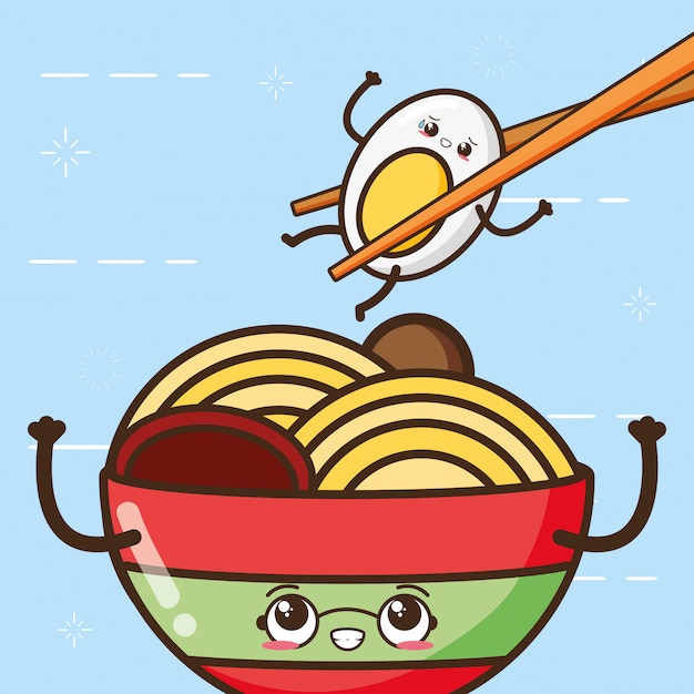 Happy kawaii egg and spaguetti, food design, illustration