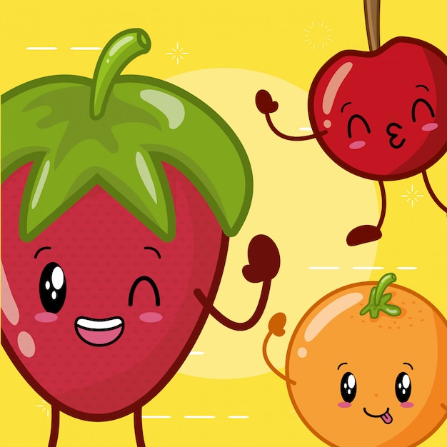 Vettore gratuito emoji di frutta kawaii felici