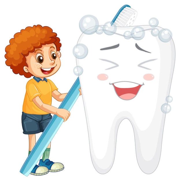 Счастливый ребенок чистит большой зуб зубной щеткой на белом фоне