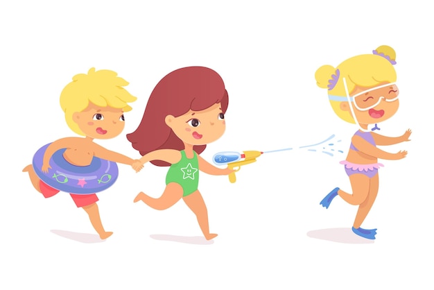 무료 벡터 행복한 아이는 웃고 있는 휴가 장면을 달리는 장난감 물총에서 쏘는 여름 어린 소년과 소녀 친구에서 재미를 즐깁니다.