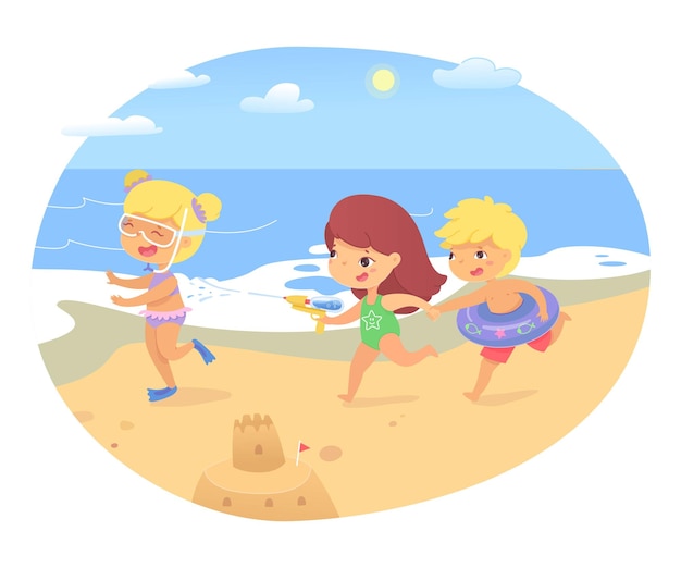 Vettore gratuito il bambino felice si diverte sulla spiaggia di sabbia in riva al mare