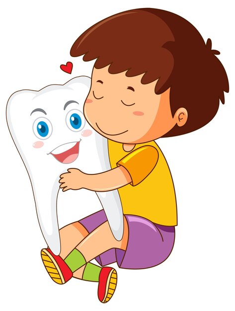Счастливый ребенок обнимает большой зуб на белом фоне