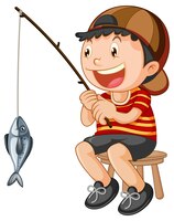 Happy kid sitting on a chair fishing