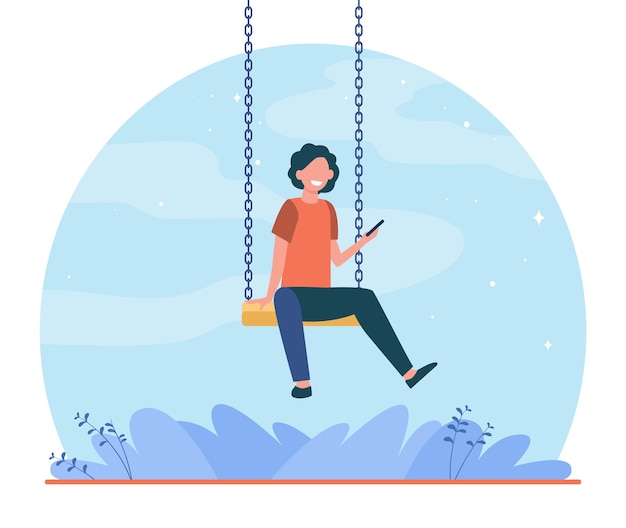 Free vector happy kid sitting on swing and holding phone. boy, smartphone, game flat illustration